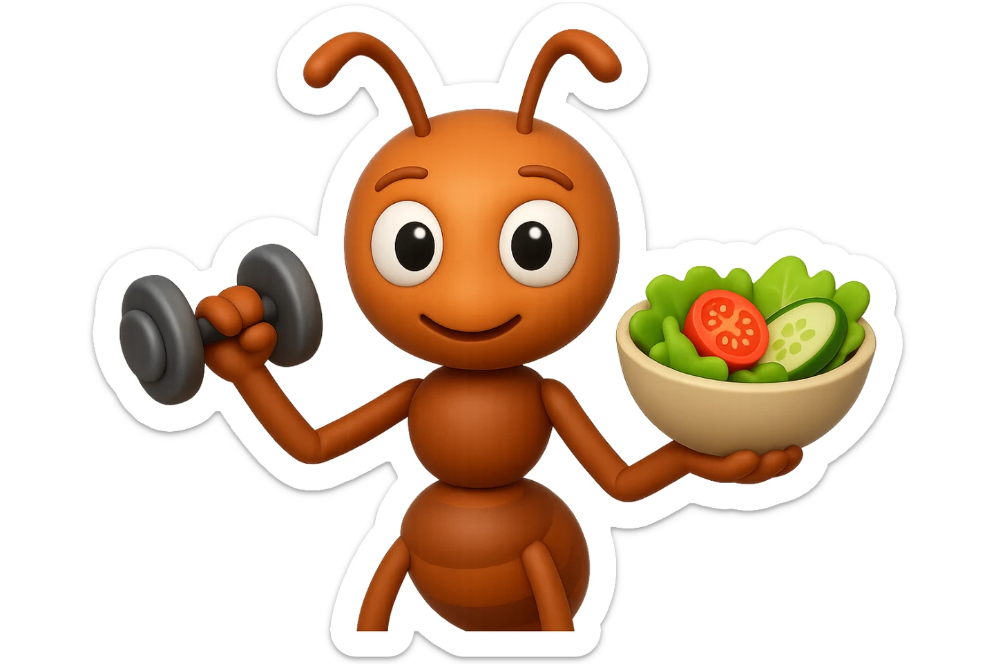 EMOJI STILE IPHONE 3D DI UNA formica CHE ha un manubrio da palestra nella mano destra e un insalata nella mano sinistra, FAGLI GLI OCCHI CON LA PARTE BIANCA, NON SOLO LA PUPILLA sticker