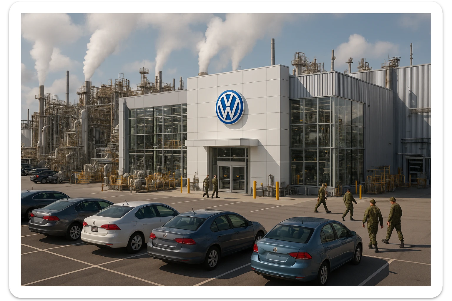 Realistic Volkswagen factory exterior, large industrial building with Volkswagen logo, parking lots filled with cars, factory grounds with machinery and equipment, realistic lighting and shadows, industrial atmosphere, workers in uniforms walking around, camouflage colors sticker
