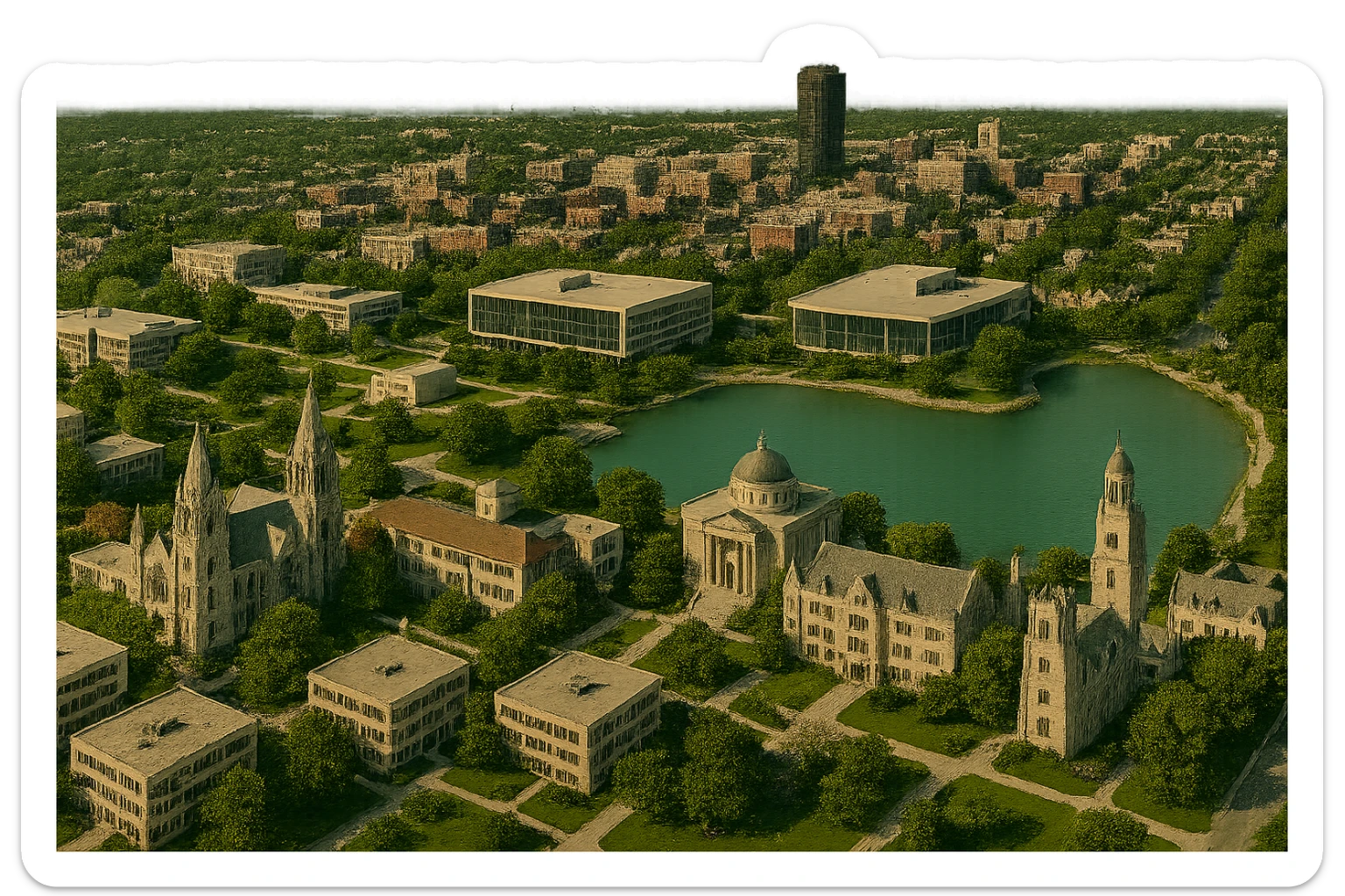 Add the Sigma Chi International Fraternity Headquarters and the Levere Memorial Chapel (Sigma Alpha Epsilon HQ) as new, visible landmarks to the existing cityscape. Keep all original Northwestern University campus, Lake Michigan shoreline, and downtown Evanston features intact. Do not remove or change any existing elements. Render in a cinematic, realistic style with a transparent background. sticker