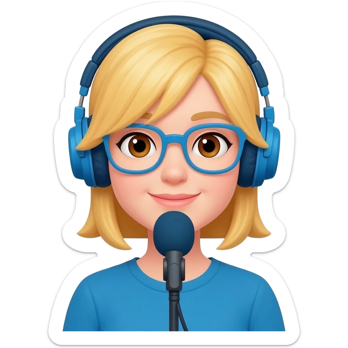 create a blonde hair women with brown eyes, blue glasses and blue headphones podcasting. sticker