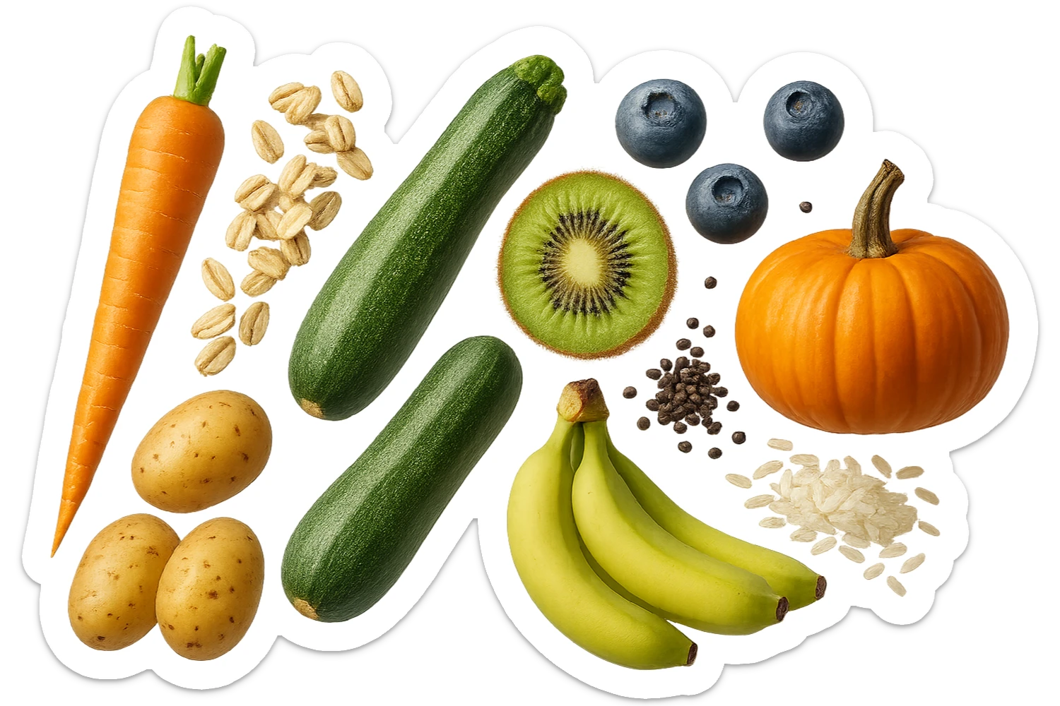 carota, fiocchi di avena, zucchine, kiwi, mirtilli, semi di chia, patate, banane acerbe, zucca, riso fluttuano in aria verticalmente, iperrealistici 4k sticker