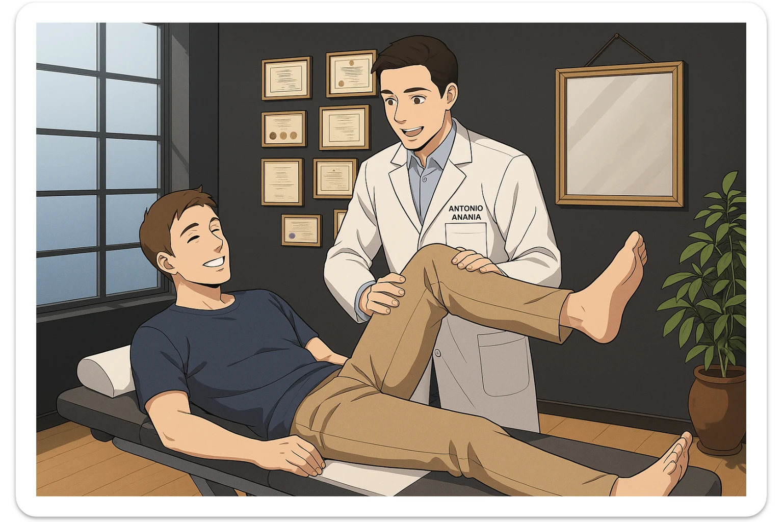 su questo lettino rappresenta un webtoon manga a colori con questo stile, in cui un uomo è steso sul lettino medico e il kinesiologo con il camice bianco (fagli anche la scritta "ANTONIO ANANIA" SUL CAMICE, gli solleva una gamba per fargli il test neuromuscolare, IL KINESIOLOGO SPIEGA ALL'UOMO UNA cosa mentre gli alza la gamba. l'espressione dell'uomo è felice e soddisfatta, non fare i fumetti però, fai solo in modo che sembri stiano parlando sticker