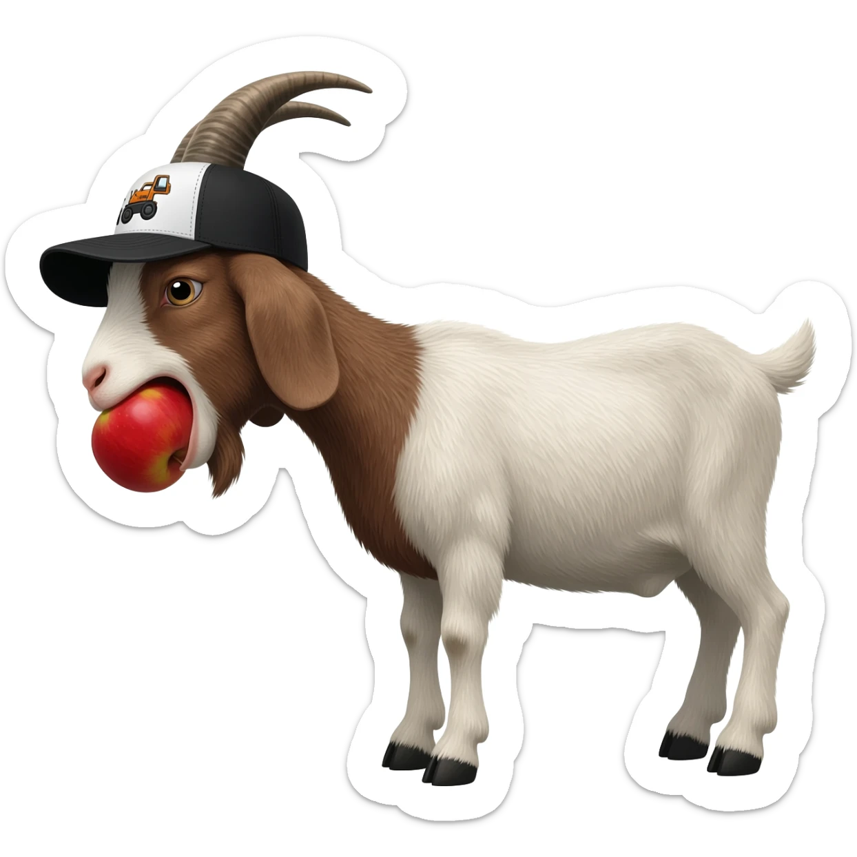 A goat wearing black and white trucker bobcat equipment hat eating an apple. sticker
