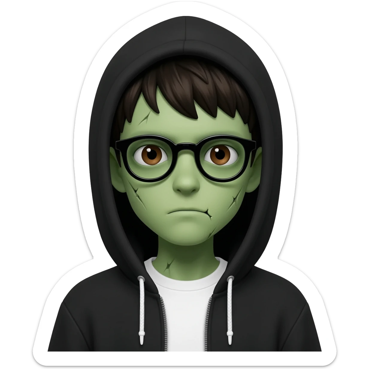 zombie boy with white tshirt and black brownish hair and with black glasses frames on hair is texturized young boy and round face more green face and dark brown eyes black thick cotton y2k hoodie with the white t-shirt under it hood of hoodie is standing up a slight bit and no ties on hoodie sticker