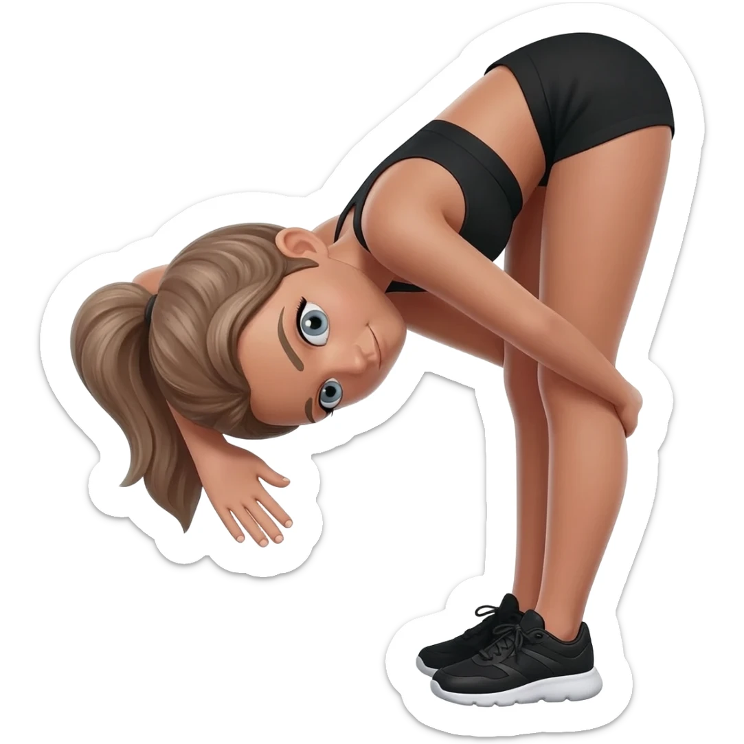 standing forward fold stretch, fair-skinned woman, light gray-blue eyes, ash brown brows, ash light brown hair tied back, slim athletic body, black workout set, black sneakers with white soles sticker