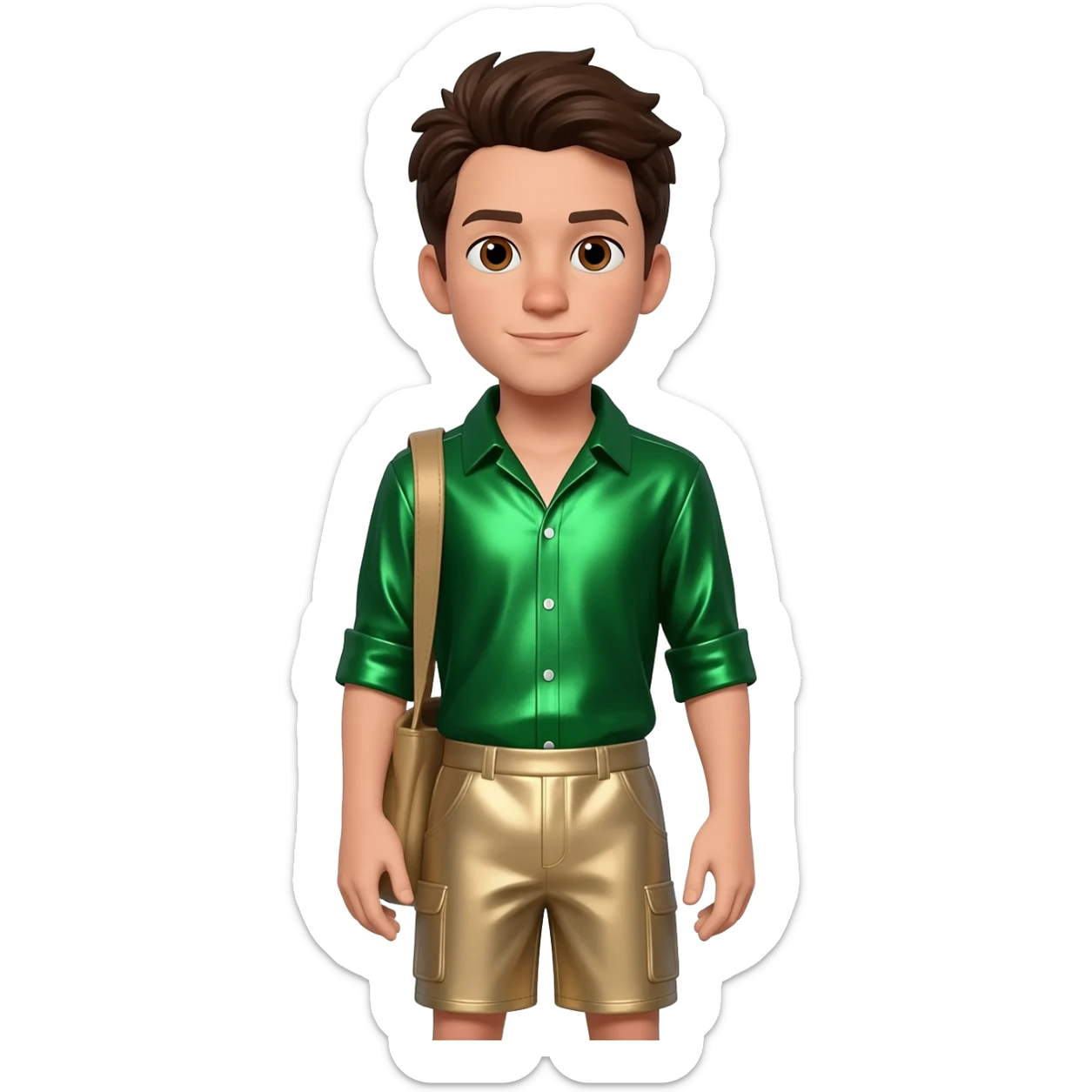 Chris Kratt with brown eyes, dark brown hair, green metallic shirt, beige metallic baggy shorts sticker