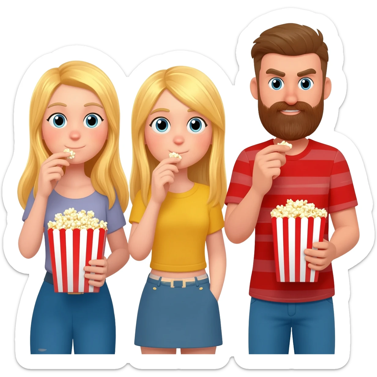2  blonde girls and a guy with a beard standing eating popcorn sticker