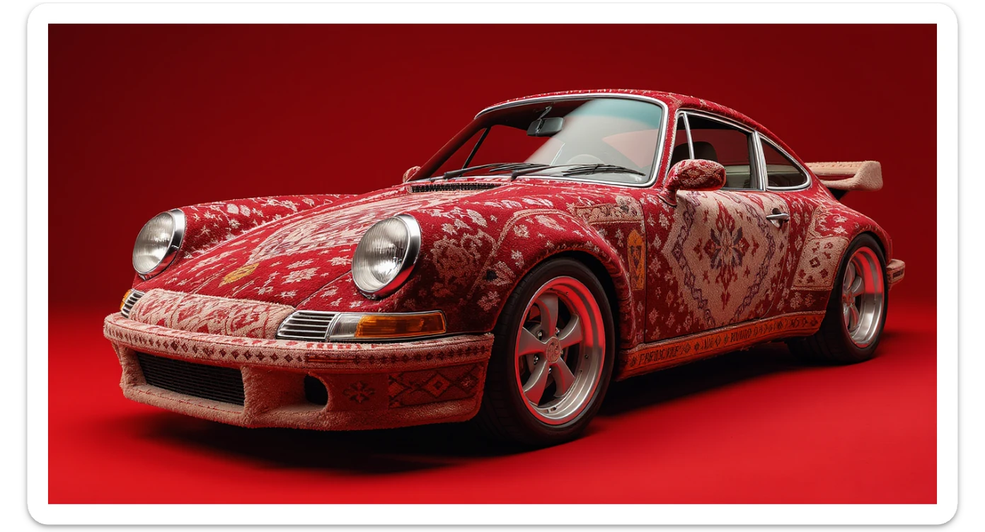Closeup shot of a porsche 911, body of car made of russian carpet with patterns, red solid studio background, low keu light, top soft light, dutch angle,  captured by ARRI 65 sticker