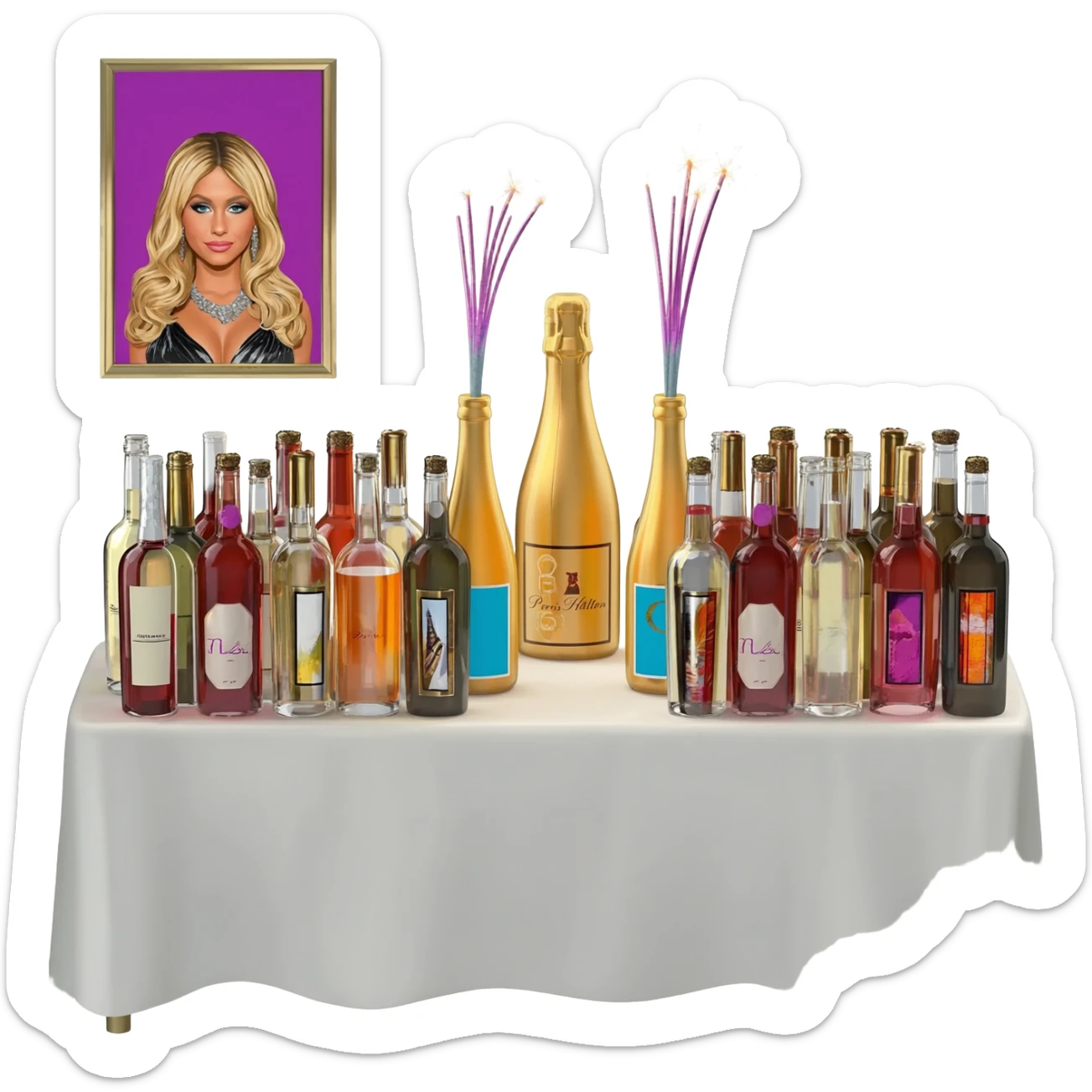 a table with dozens of magnum bottles, sparklers, and Paris Hilton sticker