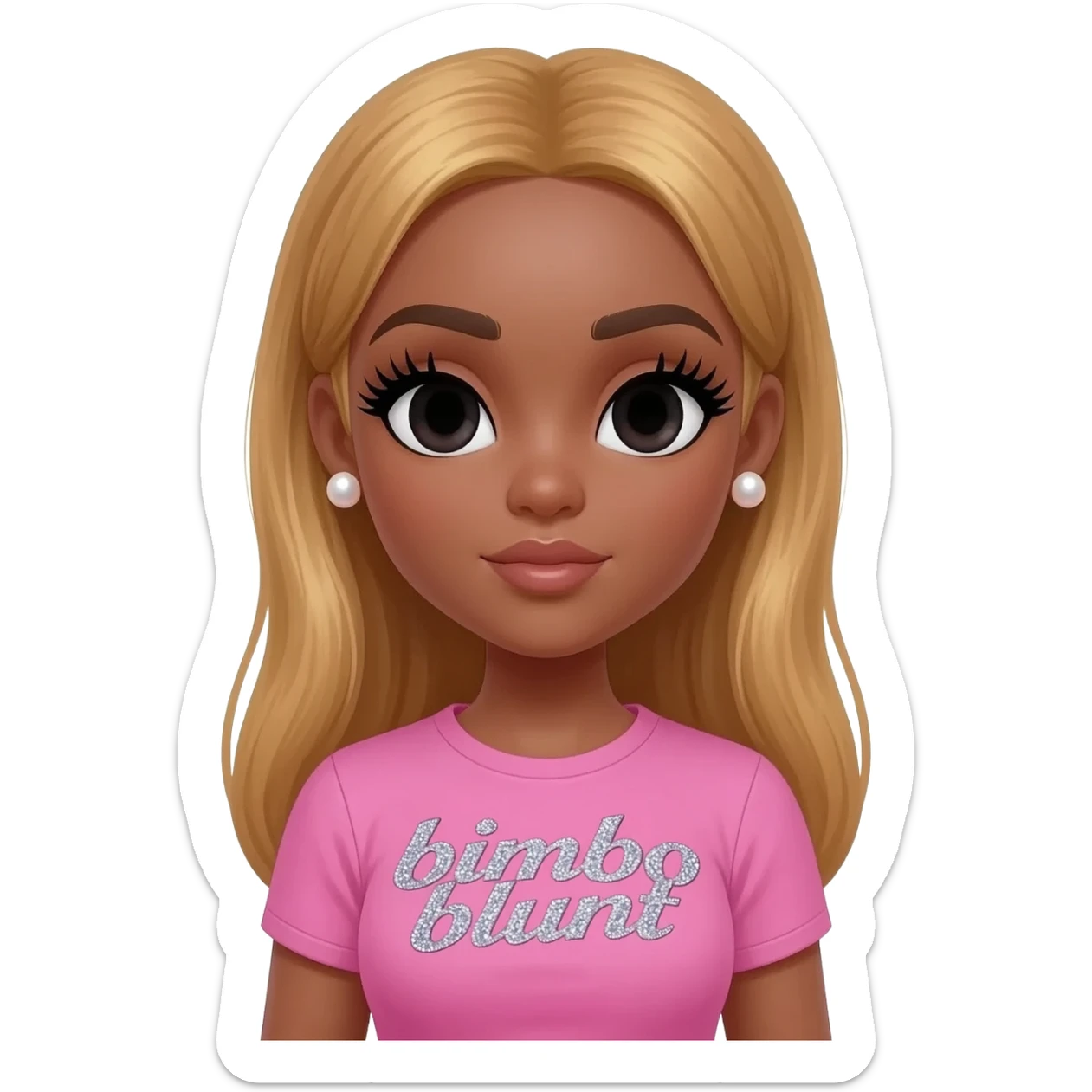 doll body , dark brown eyebrows, dark skin girl, pearl earrings stud, Long giant lashes, bimbo, black doll eyes, barbie, dark brown skin, with honey blonde hair, big breast, pink 2000s t shirt says on the sparkling text “bimbo blunt” sticker