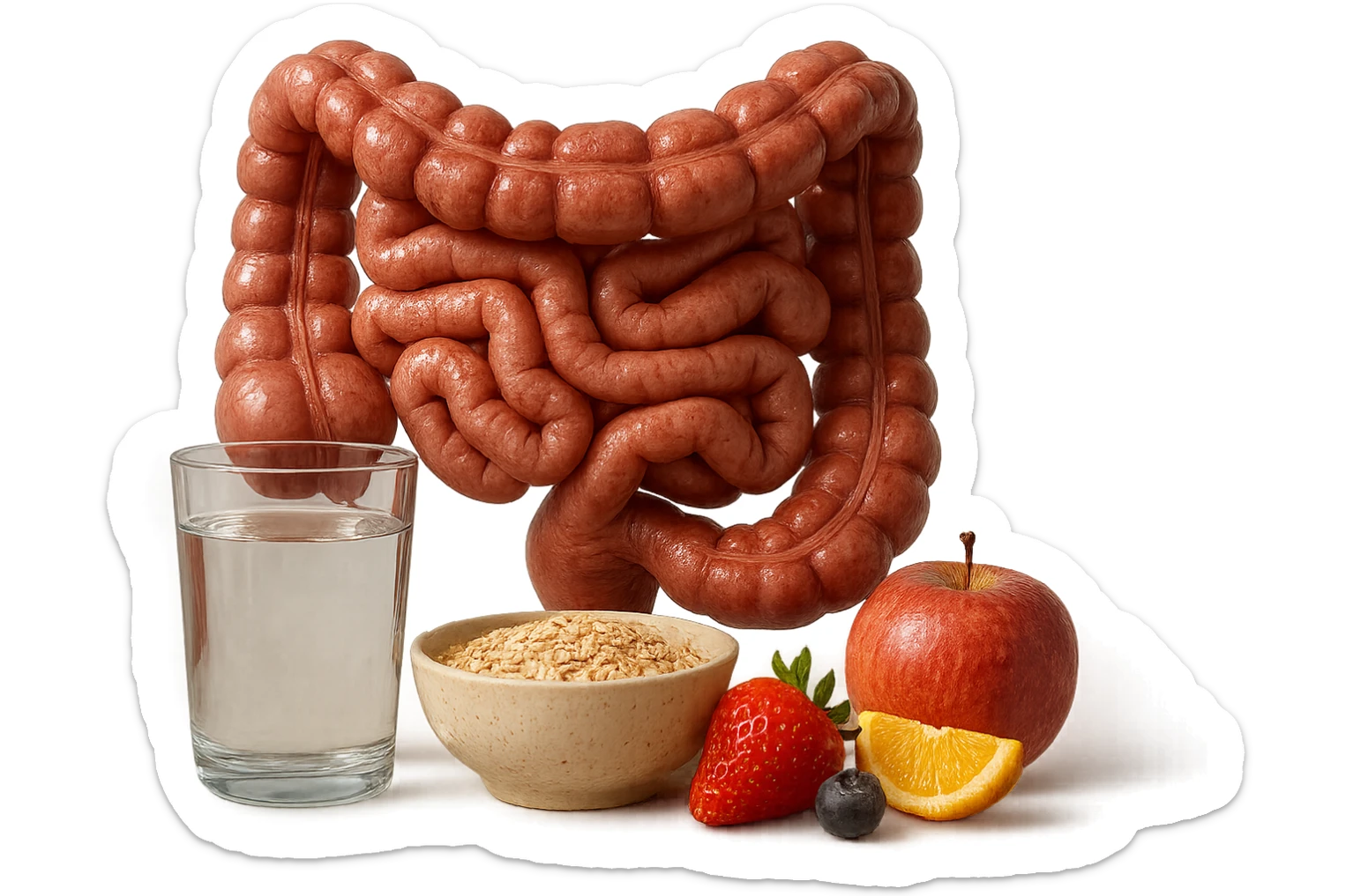 intestino umano anatomico sullo sfondo, davanti a lui un bicchiere di acqua, una bowl di avena e un po' di frutta mista, iperrealistici 4k sticker