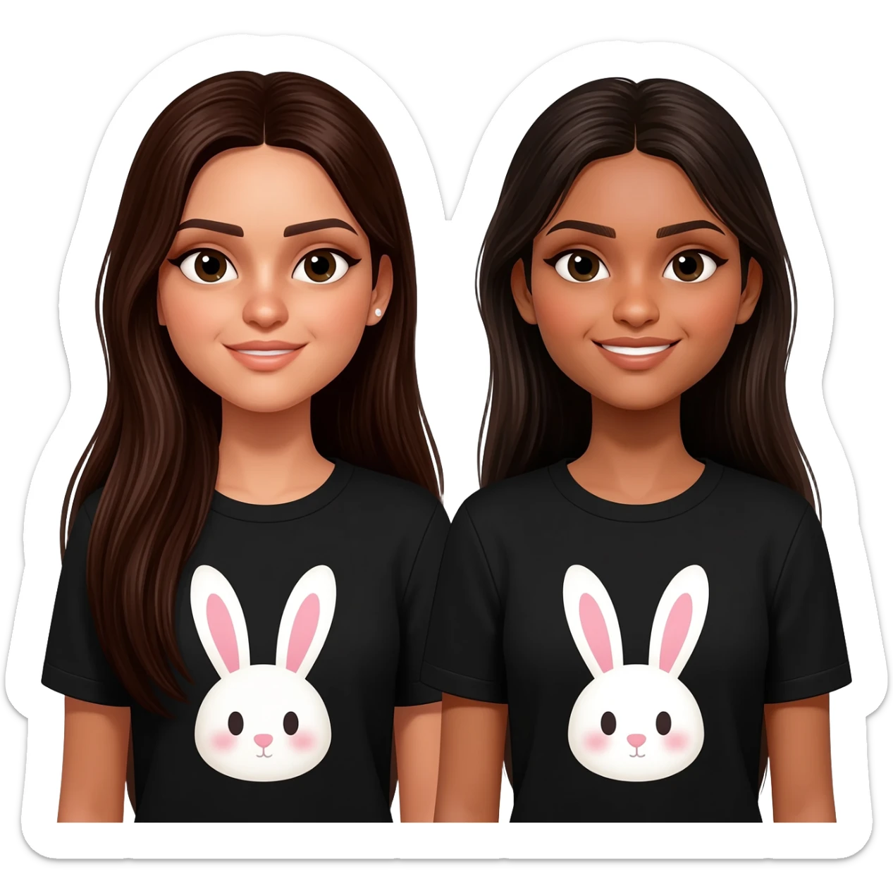 two identical friend. both have natural makeup look. No smile lines, make the bunnies kawaii and the shirt black. Both have matching bunny shirts and have PIN STRAIGHT HAIR One has super long dark brown hair that goes to waist, one has long hair that is also dark brown. They both have Indian skin sticker