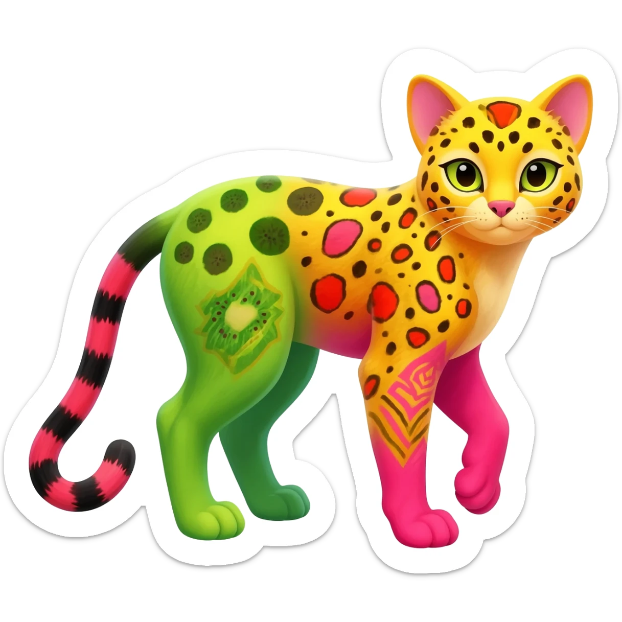 Colorful cute adorable tropical exotic fruity kiwi-green lemony rosy neon-red Caracal-Cheetah-Civet-Trico-fusion-hybrid-animal-creature, full body, with tribal tattoos sticker