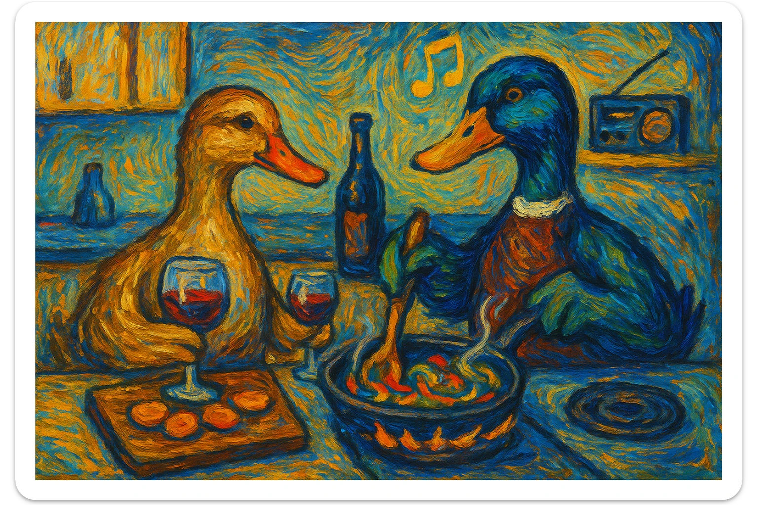 two ducks cooking dinner together in a kitchen, one female and one male, drinking wine and listening to music, in the style of Van Gogh, minimalistic, 4:3 aspect ratio sticker