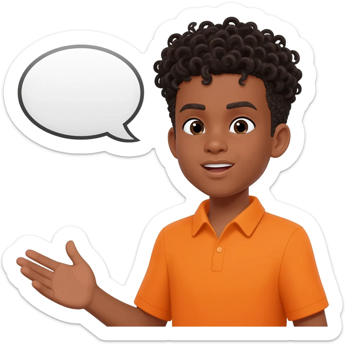 black boy curly hair orange shirt talk bubble sticker