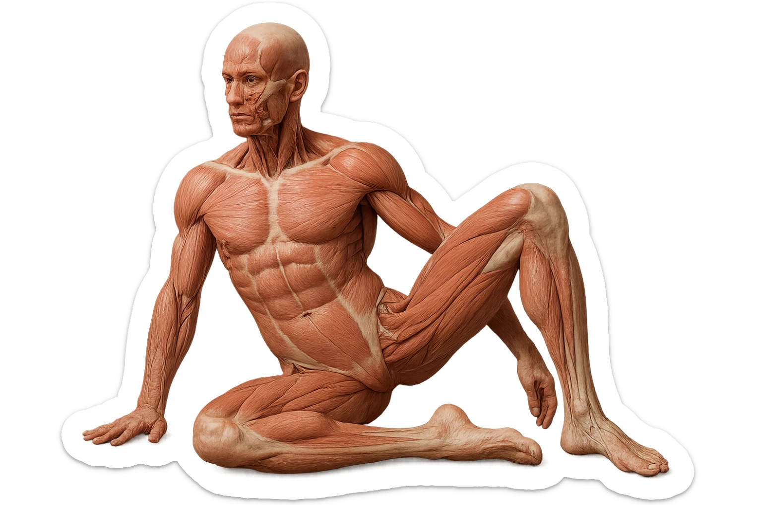 CORPO UMANO ANATOMICO REALISTICO CHE SVOLGE UN ESERCIZIO DI MOBILITà ALLE ANCHE, iperrealistico 4k sticker