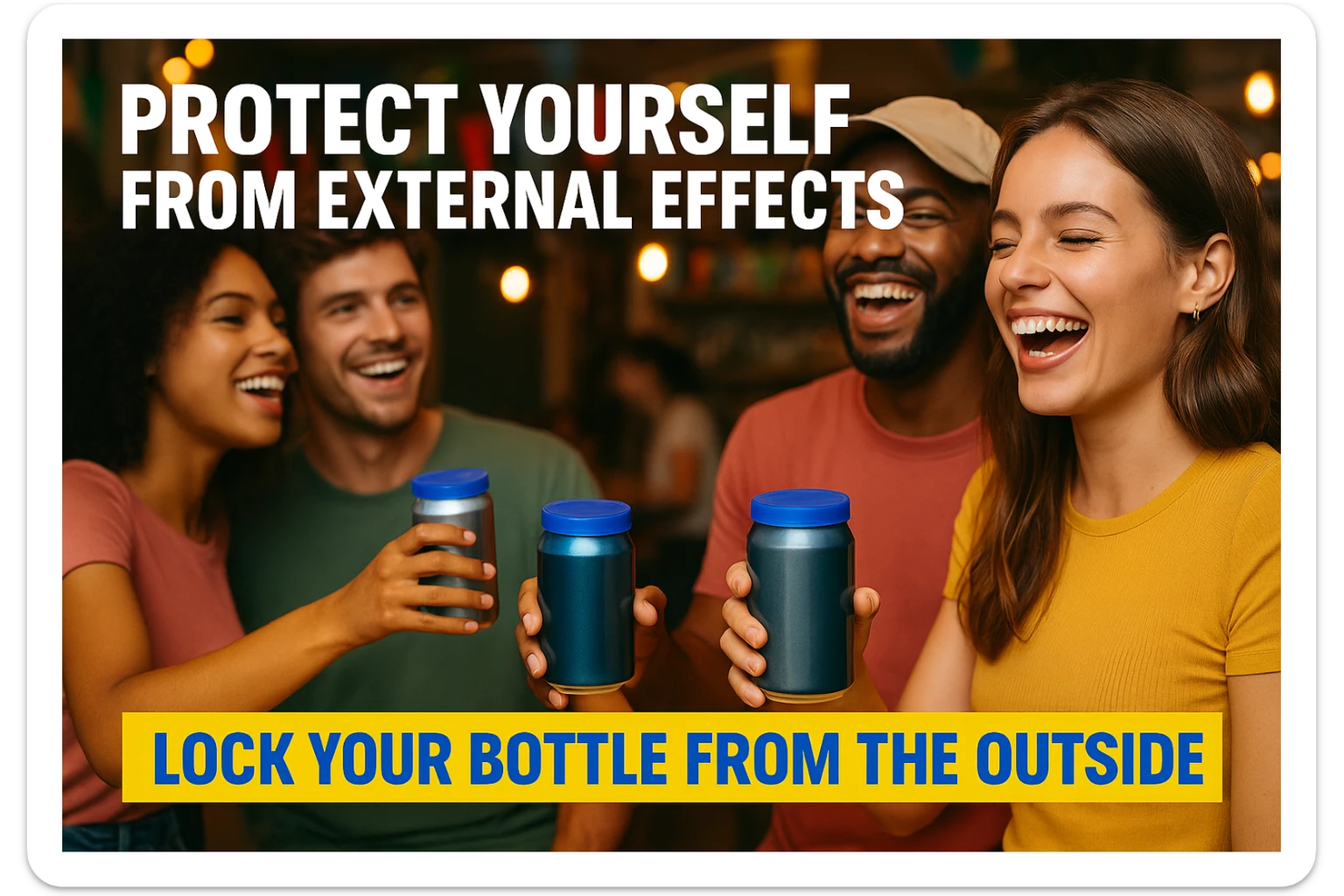 Készíts a következő jellemzőkre a mellékelt fotó felhasználásával a szöveghez illő képet, 1000x600px-es méretűt, fiatalos, dinamikus, megnyerő,változatos, színes, valósághű fotók legyenek!
„Megvéd a külső hatásokkal szemben”
Szennyeződések, darázscsípés (anafilaxiás sokk), „randidrog” esetek számának csökkentése. A „Zárd palackod a külvilág elől” drogprevenciós kezdeményezés fontos eleme. sticker