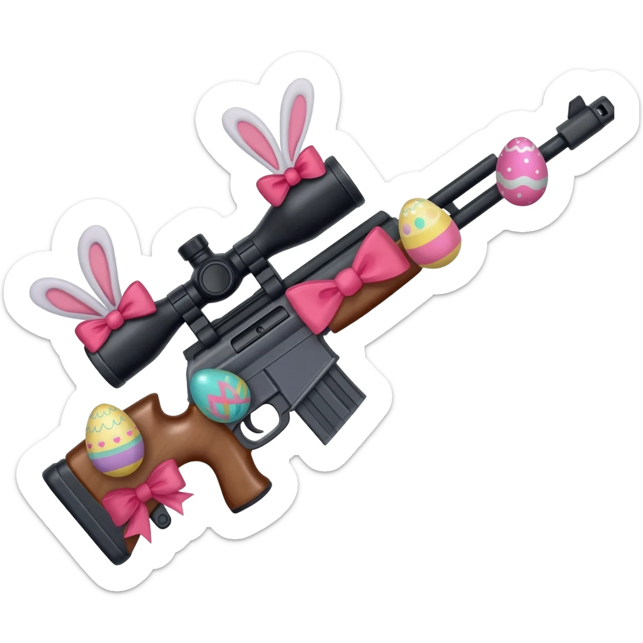 easter theme sniper rifle like with bunny ears and eggs and pink and a tie bow sticker