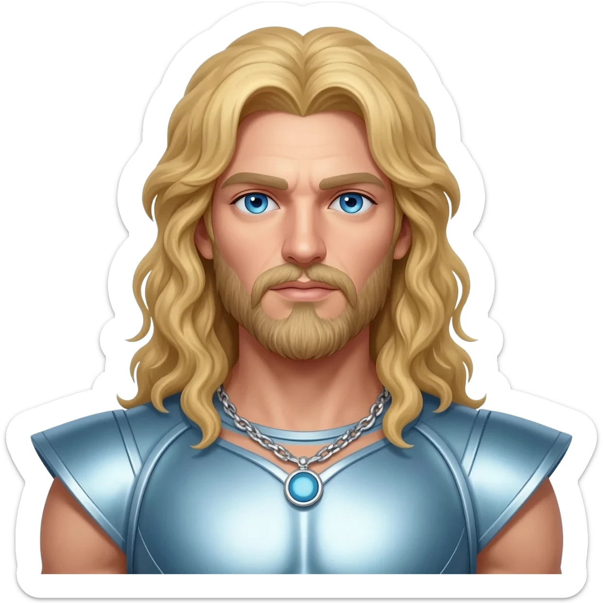 Zeus from Greek Mythology with blue eyes, long blonde hair, light steel blue metallic outfit, silver necklace sticker