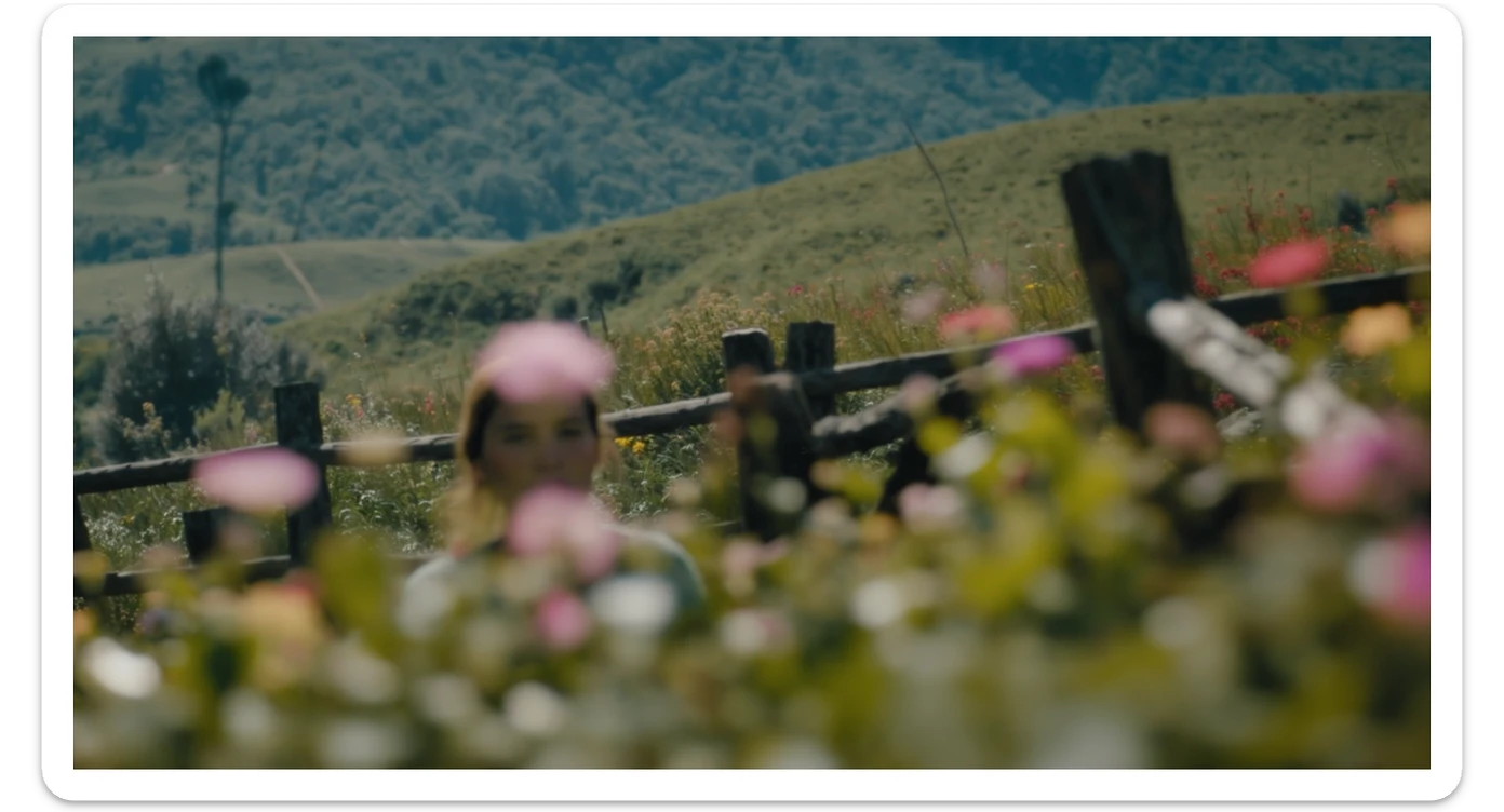 A portrait of a person in the foreground, blurred plants in the foreground (close to the camera), a wooden fence and colorfull flowers in the midground, rolling hills in the background, cinematic depth of field, layered composition, natural lighting sticker