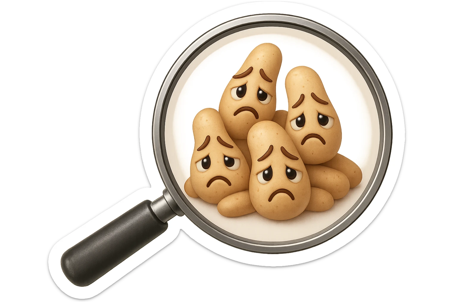 EMOJI STILE IPHONE DI una lente di ingrandimento che inquadra un cumulo di batteri intestinali tristi, IPERREALISTICO 4K sticker