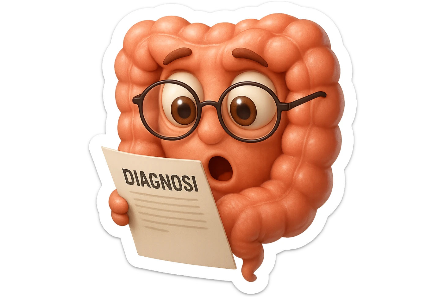 EMOJI STILE IPHONE DI UN INTESTINO CON GLI OCCHIALI CHE LEGGE UN FOGLIO CON LA SCRITTA DIAGNOSI, ESPRESSIONE STUPITA IN VOLTO, IPERREALISTICO 4K sticker