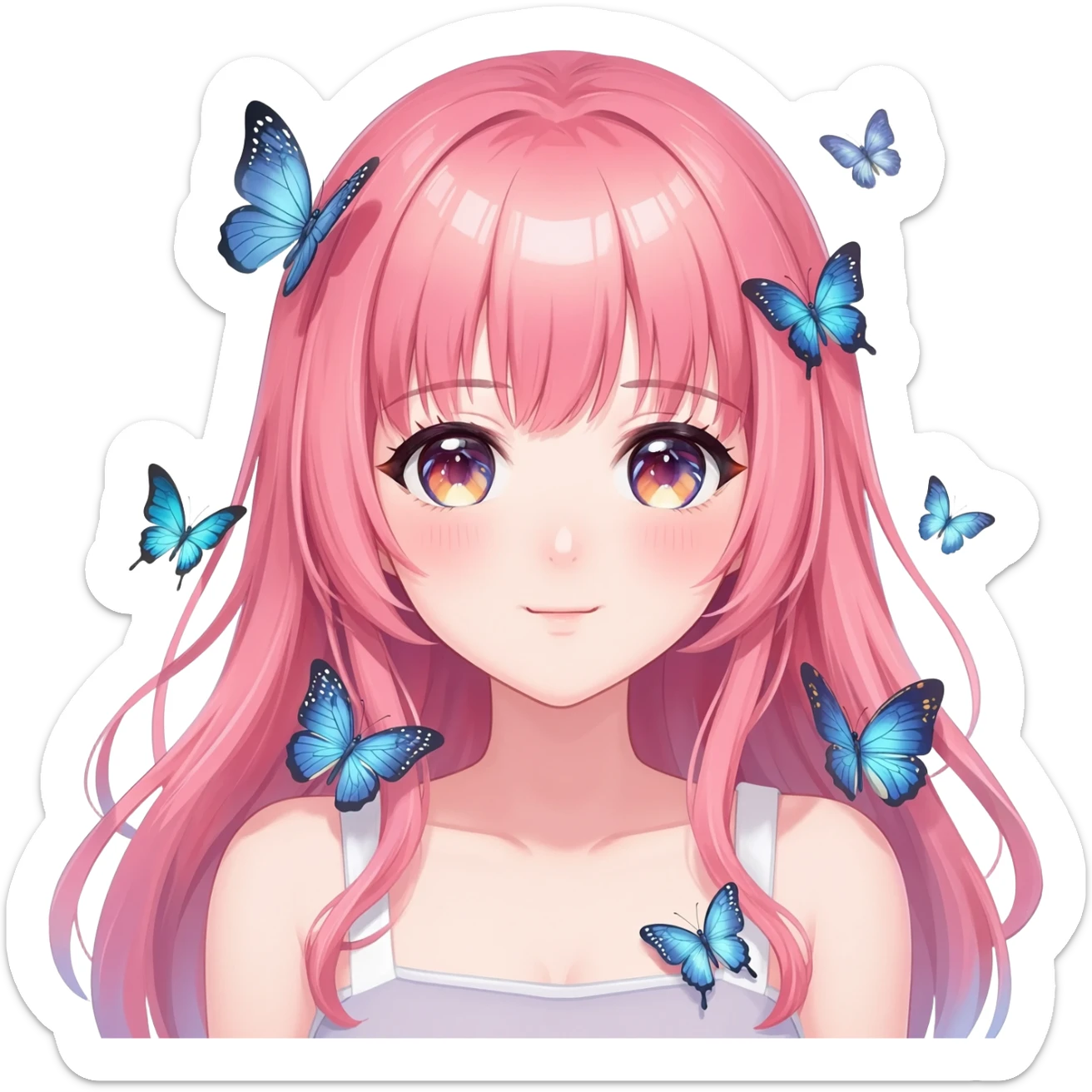 gorgeous shiny blushing anime lady with butterflies and beautiful hair fairycore high quality detailed vogue trending aesthetic sticker