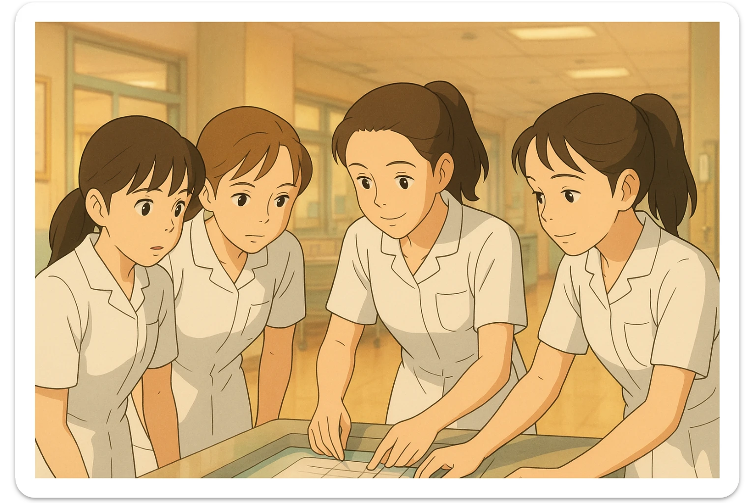 Ghibli scene of four nursing students wearing white short-sleeve uniforms with V-neck, no collar, no buttons, left chest pocket, bare arms, long hair tied back, working together, inspired by the faces from the attached photos. sticker
