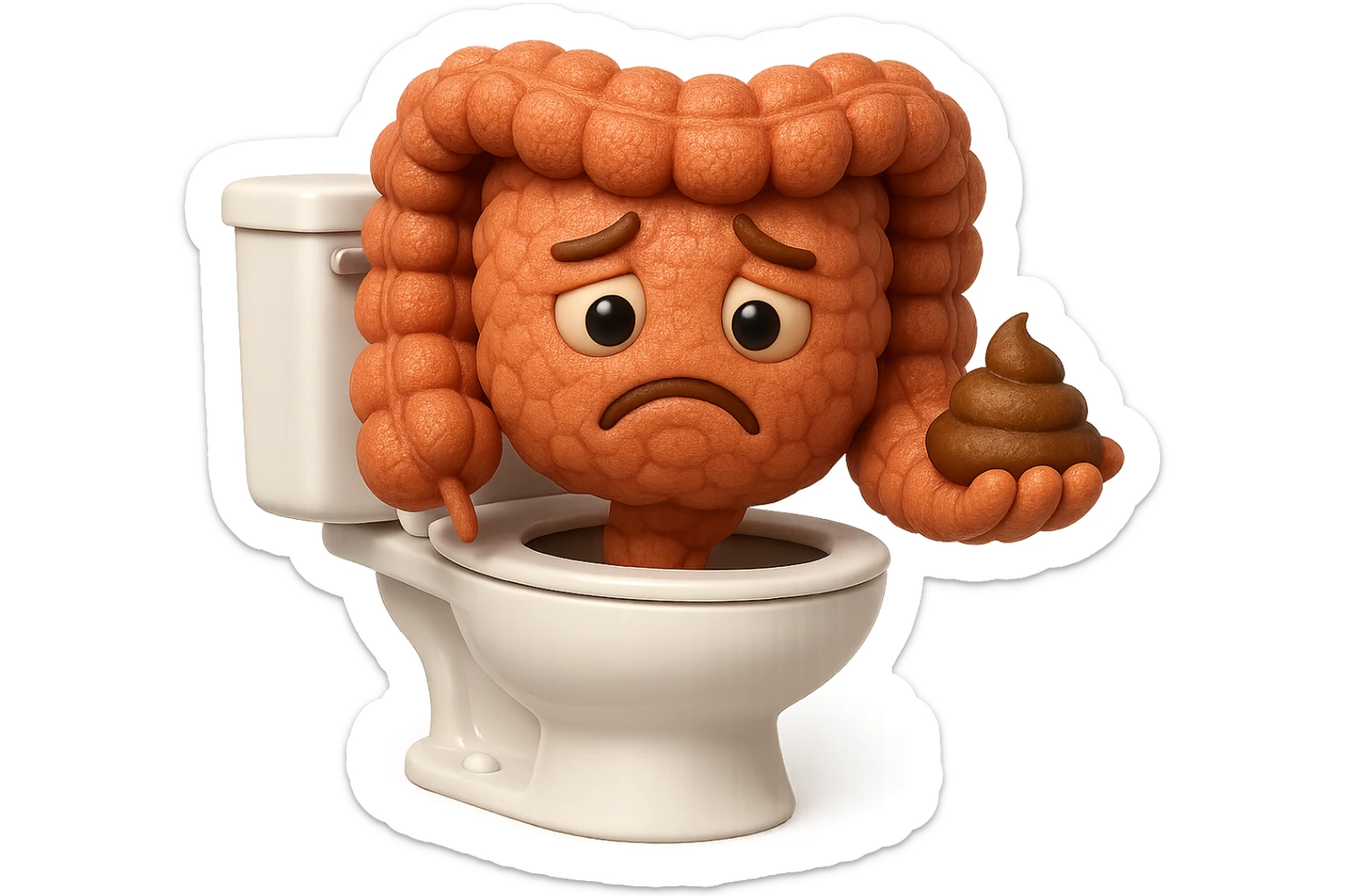 emoji stile iphone di un intestino realistico 3d che esce dal wc con in mano una montagnetta di feci con espressione triste a palline, iperrealistico 4k sticker