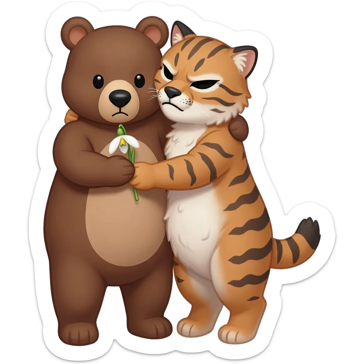 lovely bear hugs angry lynx and gives her a snowdrop flower with love sticker