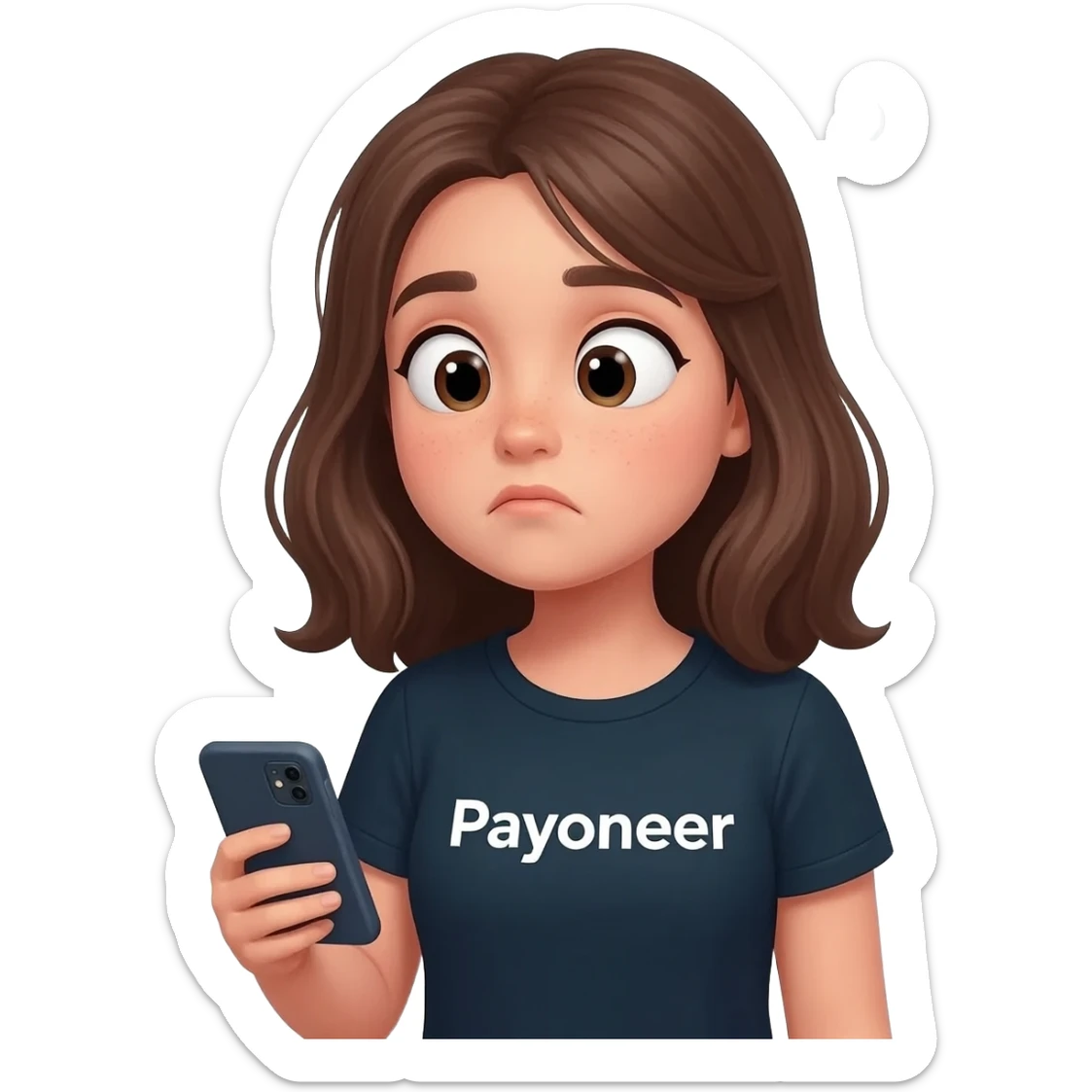 Girl looking at her phone with wondering face and a question mark wearing dark tshirt with payoneer written on it not a logo, just a word in the same font as on logo sticker