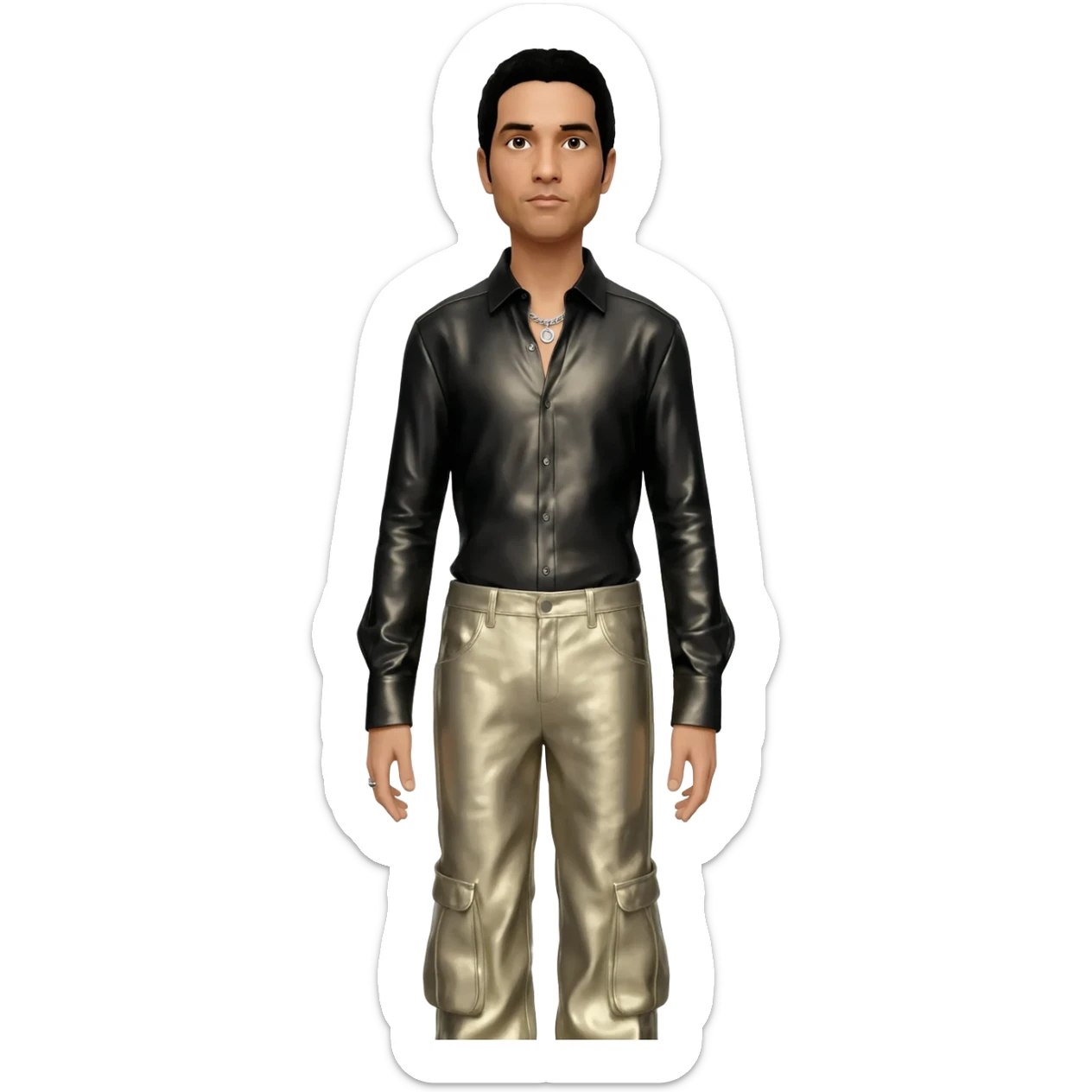 Chino Moreno with black hair, black metallic shirt, beige metallic baggy pants, silver necklace sticker