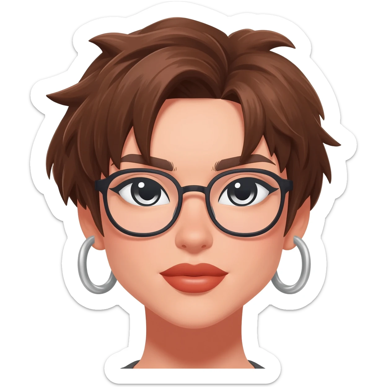 Female very very short brown hair few spikes hoop earrings glasses full lips sticker