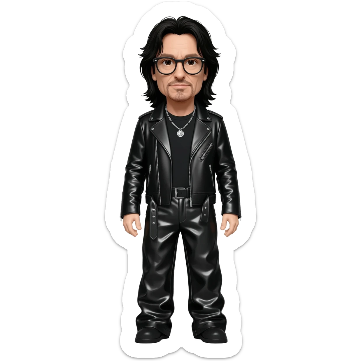 Bono with long black hair, black shirt, black metallic jacket, black metallic baggy pants, sliver necklace, black glasses sticker