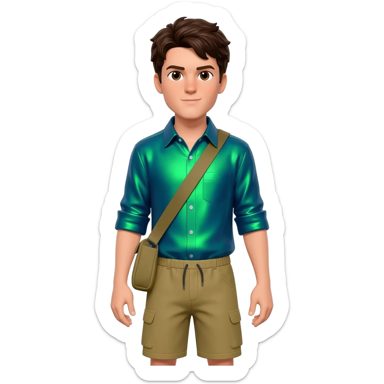 Chris Kratt with brown eyes, dark brown hair, green blue metallic shirt, khaki metallic baggy shorts sticker