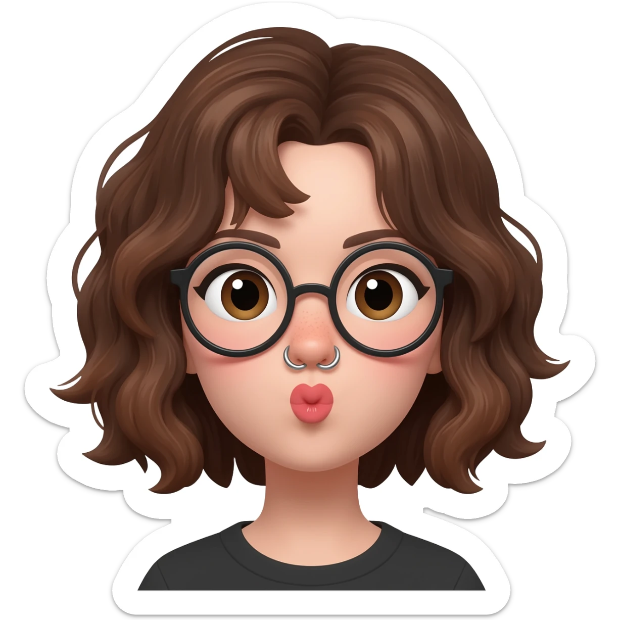 A cute brunette girl with big glasses, a nose ring blowing a kiss sticker