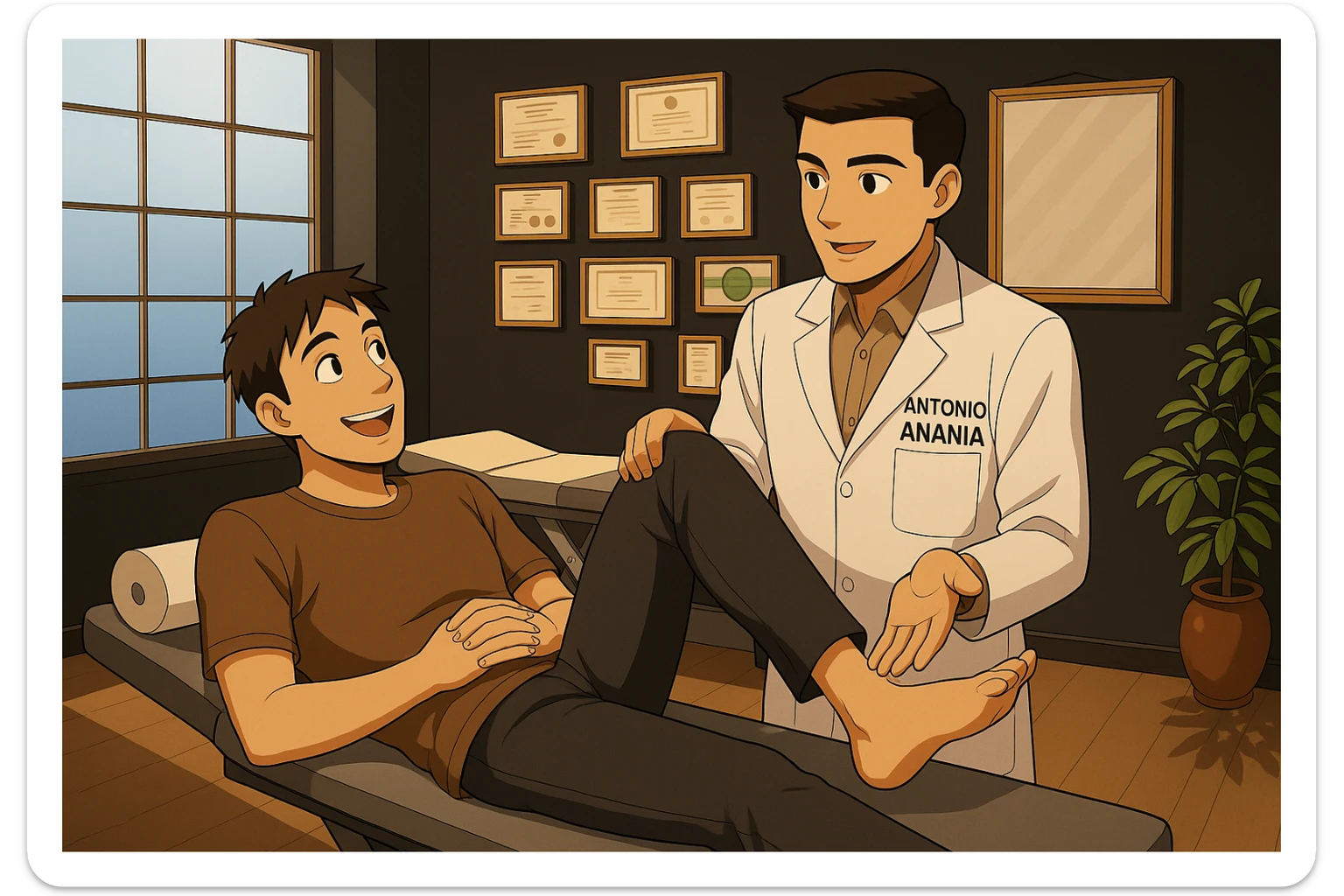su questo lettino rappresenta un webtoon manga a colori con questo stile, in cui un uomo è steso sul lettino medico e il kinesiologo con il camice bianco (fagli anche la scritta "ANTONIO ANANIA" SUL CAMICE, gli solleva una gamba per fargli il test neuromuscolare, IL KINESIOLOGO SPIEGA ALL'UOMO UNA cosa mentre gli alza la gamba. l'espressione dell'uomo è felice e soddisfatta, non fare i fumetti però, fai solo in modo che sembri stiano parlando sticker