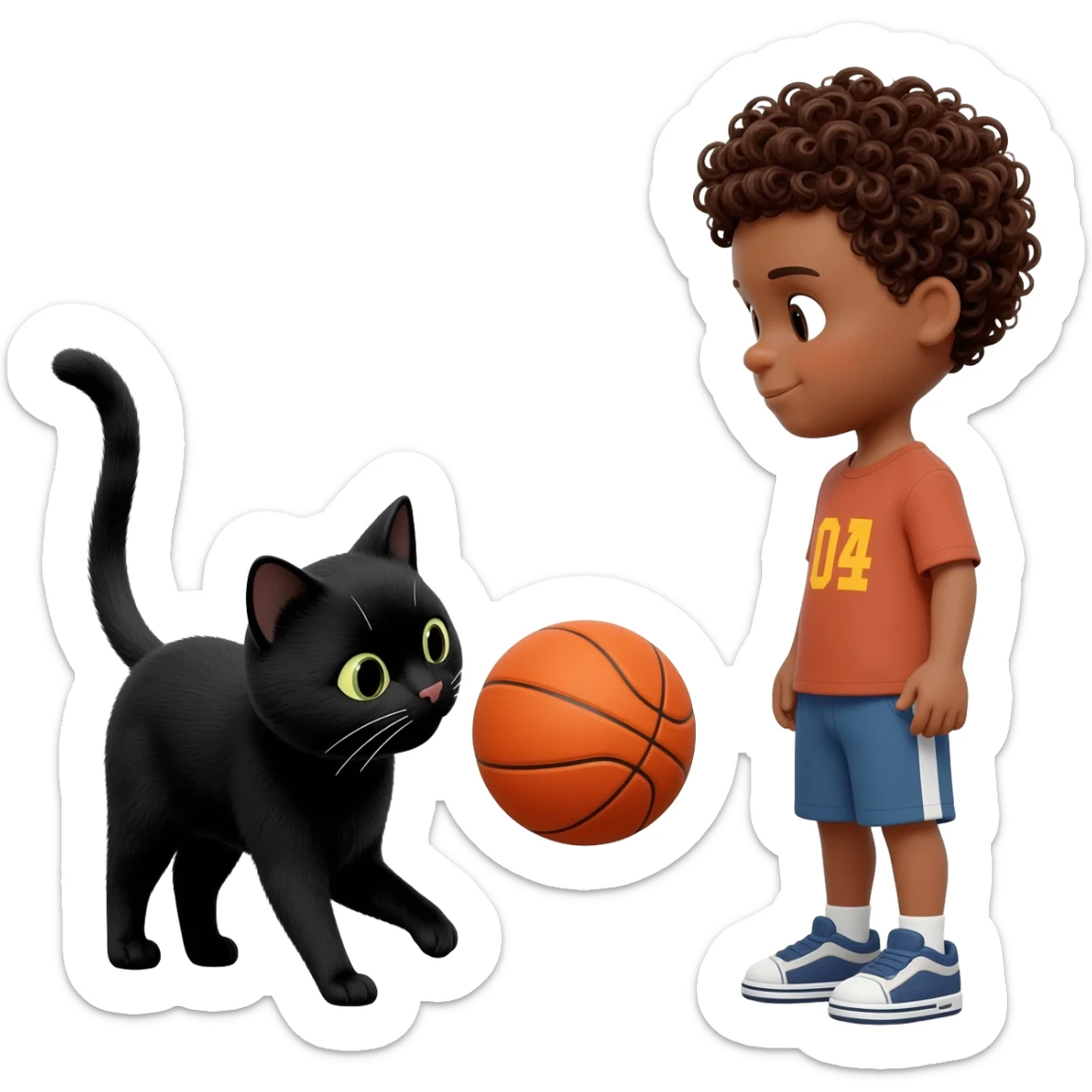 Black cat playing with orange basketball and a little boy with curly hair sticker