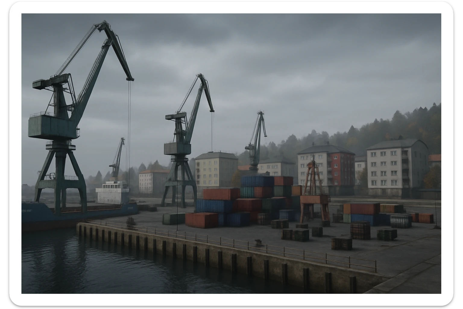 a screenshot of the game DayZ videogame, the harbor in a Scandinavian port town, industrial harbor at apartment blocks sticker