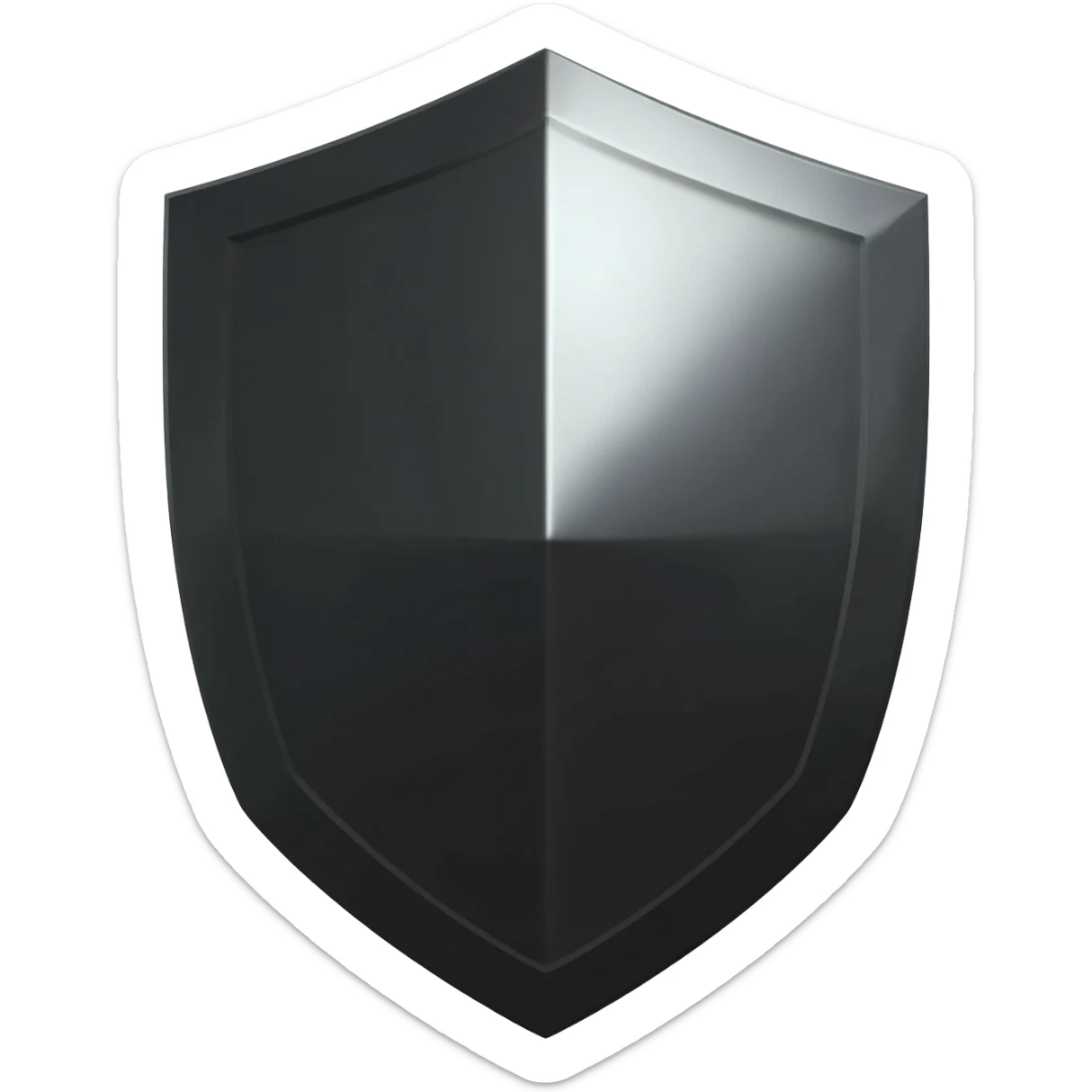 Minimalist 3D emoji based on: a stylized, geometric shield made of heavy, matte black steel with polished chrome facets. Sharp, severe edges. Studio lighting, pure white background. sticker