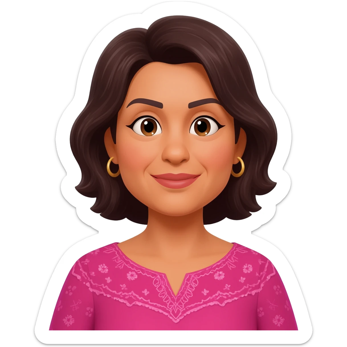 Hispanic middle aged woman with personality sticker