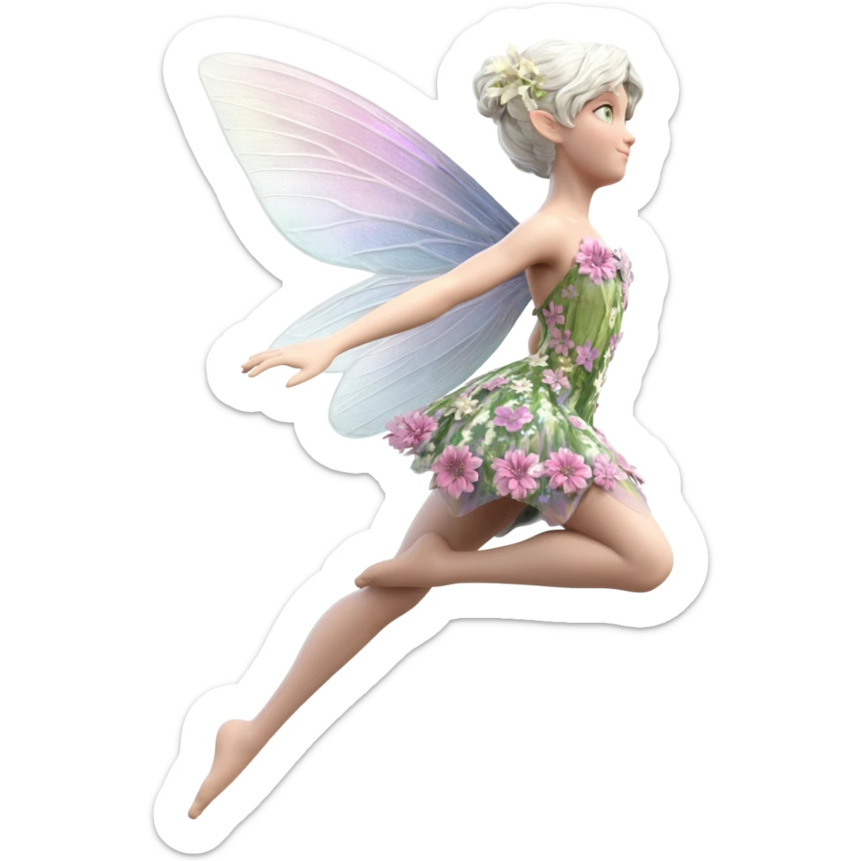 A winged flower fairy white skin girl, wearing a short skirt, one leg straight and the other bent, her body tilted, in a flying pose. sticker