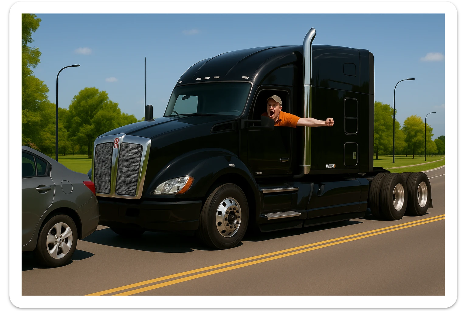Zoom the scene out even farther, showing more of the road and landscape, with the black Kenworth W680 semi truck featuring a chrome stack, an angry bald driver wearing an orange shirt and baseball cap with his arm out the window, following a car. The scene should remain bright and vibrant. sticker
