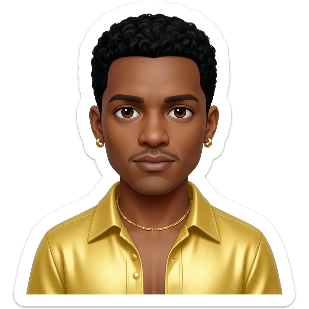Usher with dark brown eyes, black hair, butter yellow metallic shirt, gold necklace and short earrings sticker