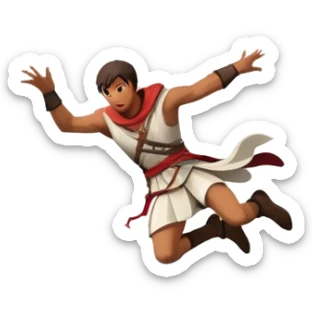 An icon featuring a hero performing a leap of faith from a tower in Florence, inspired by adventure games like Assassin's Creed. The design captures the dramatic moment mid-air, with detailed architecture and a bustling city below. Transparent background sticker