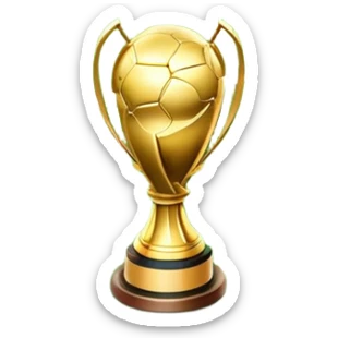 A football resting on the green grass of a soccer field, with goalposts and field markings in the background. In the foreground, the UEFA World Cup trophy gleams, symbolizing the pinnacle of football achievement, adding an element of prestige and competition to the scene. sticker