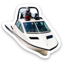 An icon showing water skis on the surface of the water, with ski ropes trailing behind. In the background, a boat fades into the distance, leaving a wake. The focus is on the skis gliding across the water. Transparent background highlights the thrill and speed of water skiing. sticker
