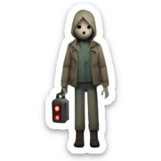 An icon depicting a dark, foggy street with eerie, abandoned buildings, inspired by Silent Hill 2. The design features a mysterious figure holding a flashlight, casting long shadows. A chilling atmosphere is created by dim lighting and unsettling details. Transparent background. sticker