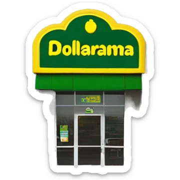 “Exterior of a Dollarama store with the bright green facade, bold yellow Dollarama sign, large front windows, and entrance doors, capturing the look of a budget-friendly retail store.” sticker