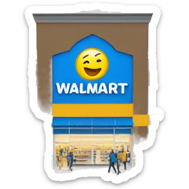“Exterior of a Walmart store with the sunburst logo above the entrance, blue facade with yellow accents, large sliding glass doors, and shopping carts lined up outside, capturing the look of a busy retail supercenter.” sticker